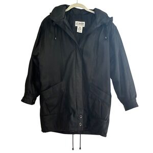 Liz Baker Essentials Black Genuine Leather Hooded Parka Jacket Petite Small PS